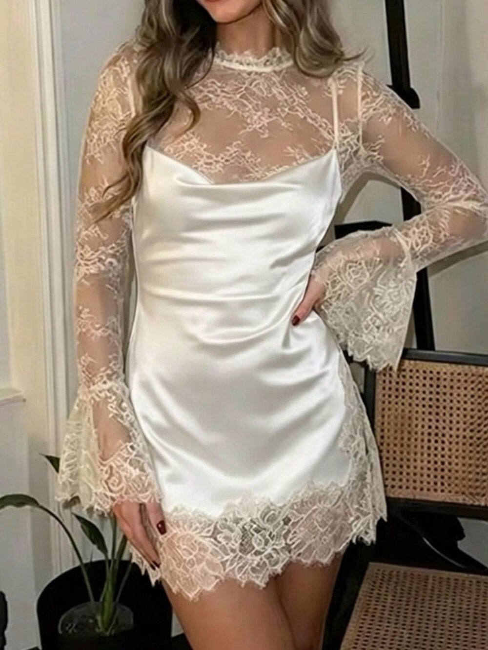 White Casual Women's Lace Flare Sleeve A-Line Mini Dress - Picture 3 of 3